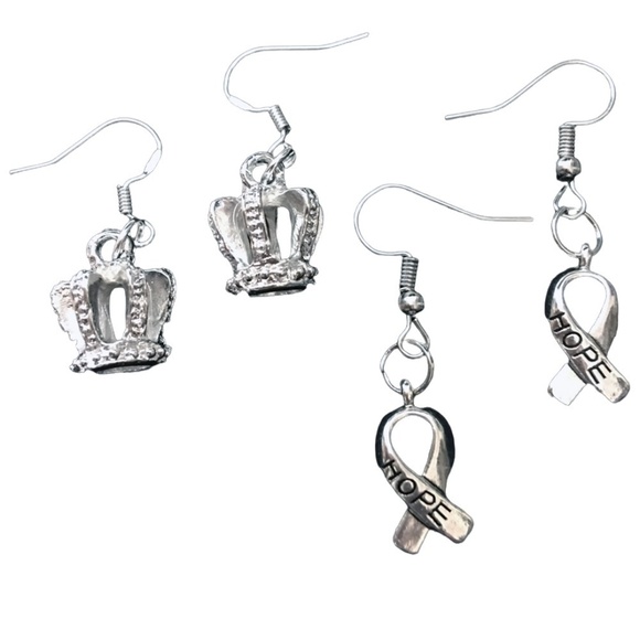 𝅺2 PR Earrings Hand Crafted Silver Plate Coronet Crown and Hope Ribbon - Picture 5 of 7